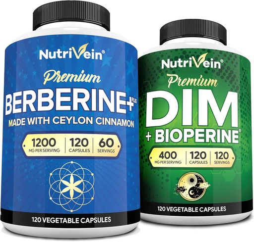 [BRSRAHACOYMAOF3A] Nutrivein Premium DIM & Berberine Supplement Bundle: High-Absorption Berberine & DIM Supplement with Bioperine - for Hormonal Balance, Digestive Regularity, Metabolism, & Overall Wellness