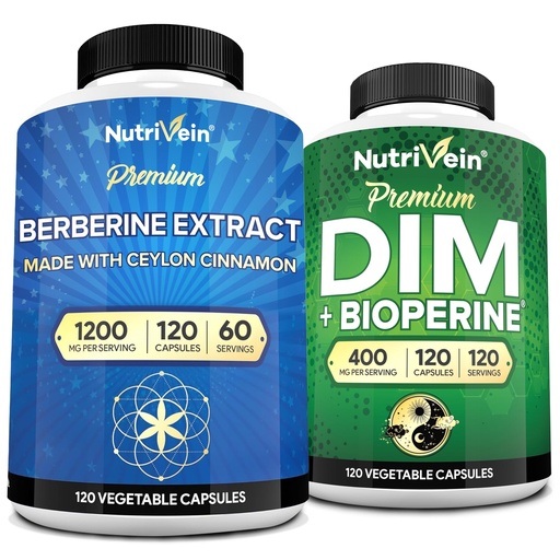 [BRSRAHACOYMAOF3A] Nutrivein Premium DIM & Berberine Supplement Bundle: High-Absorption Berberine & DIM Supplement with Bioperine - for Hormonal Balance, Digestive Regularity, Metabolism, & Overall Wellness