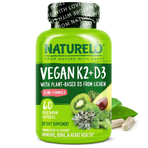 [BRSWYEI5OYMGM2AU] NATURELO Vitamin D3 K2 - Vegan with Plant Based D3 from Lichen - Natural Supplement for Immune System, Bone Support, Heart Health - Whole Food - Non-GMO - Gluten Free, 60 Capsules