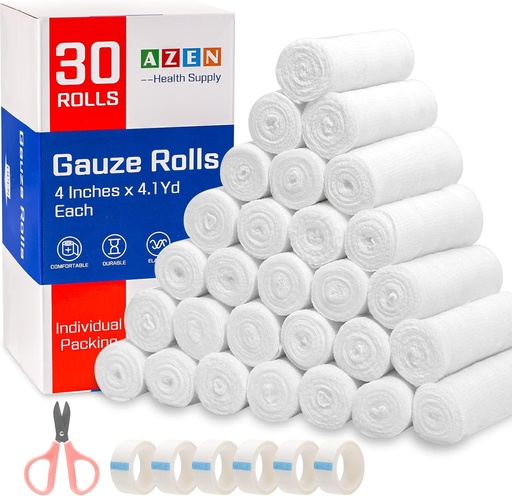 [BRSRMBD7OF4AME3F] AZEN 30 Pack Gauze Rolls Bandages, 4 en x 4.1 Yards, Premium Medical Materiais e Primeiros Auxilios, Bandage Wrap Vet Wrap, Mummy Wraps