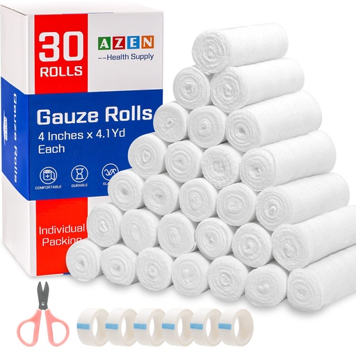 [BRSRMBD7OF4AME3F] AZEN 30 Pack Gauze Rolls Bandages, 4 in x 4.1 Yards, Premium Medical Supplies & First Aid Supplies, Bandage Wrap Vet Wrap, Mummy Wraps