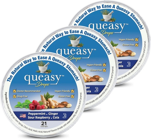 [BRSWIEIDDEFBOAI7] Three Lollies Queasy Drops - Relief from Nausea & Travel Sickness - Relieves a Dry Mouth & Settles The Stomach - Natural Ingredients - 4 Flavors - 21ct (Pack of 3)