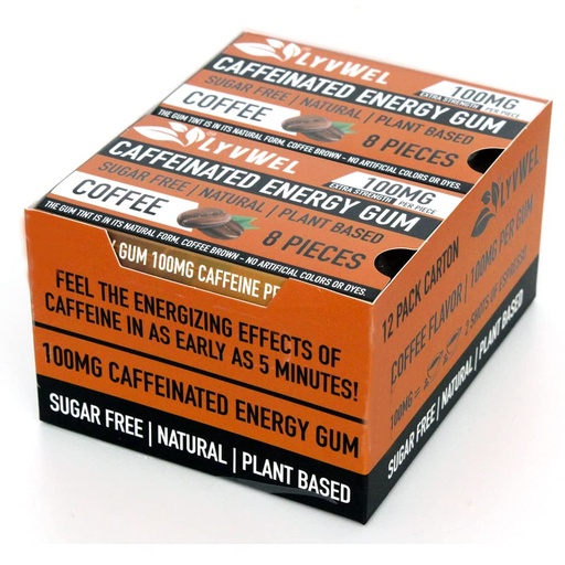 [BRSROYYKB55B43TJ] LyvWel Energy Gum | 100mg Caffeine per gem | All Natural | Sugar-Free Pre-Workout Boost: Your Essential Energy Supplement to Stay Awake- Carton 12 pack (Coffee-12 Pack)