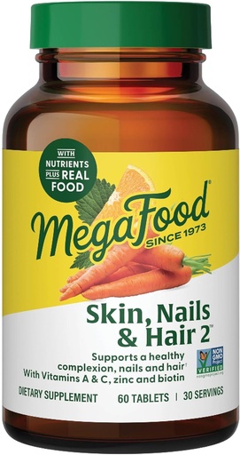 [BRSWEC34A4FWEDTL] MegaFood Skin, Nails & Hair 2 - Kadınlar ve Erkekler için Vitaminler - Biotin, A, C, çinko, B6, E, Pantothenic Acid - Vegan - 9 Yiyecek Allergens olmadan - 60 Tablar (30 Hizmet)