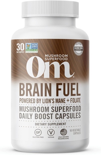 [BRSWGHT2B4NWYFA3] OM MUSHROOM SUPERFOOD Brain Fuel Mushroom Capsules Superfood Supplement, 90 Conte, 30 giorni, Lion's Mane, Reishi Blend Plus Folate, Mental Clarity, Mushroom Supplement