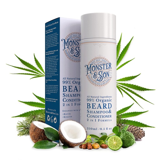 [BRSWY2Q3BMCA22D2] Monster&Son Organic Beard Shampoo & Conditioner 2 in 1 - Beard Wash with Conditioning For Men - Gentle Face Cleanser For Sensitive Skin - Hypoallergenic, Paraben & Sulphate Free - Long Lasting 250ml