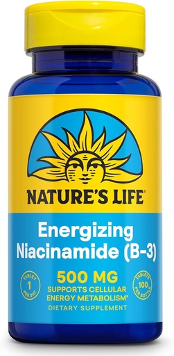 [BRSWIYT3OMABECTO] Nature 's Life Energizing Niacinamde 500mg - No Flush Vitamin B 3 Niacin Suplement - Nerve Fungsi, Metabolisme dan Energi Sehat Dukungan - 60 Hari, Lab Diverifikasi, 100 tablet