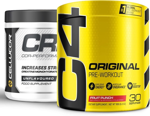 [BRSWGZA2PIIRSCDV] Cellucor Pre Workout & Creatine Bundle, C4 Original Pre Workout Powder, Fruit Punch, 30 Servere + Cor Performance Creatinine Powder, 72 Servere