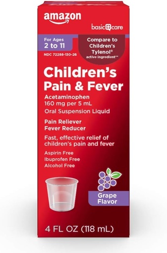 [BRSWGZQPOJYAYYA6]   Basic Care Children's Acetaminophen 160 mg per 5 mL Oral Suspension, Grape Flavor, Pain Reliever and Fever Reducer for Headache, Sore Throat and Toothache, 4 fl oz (Pack of 1)