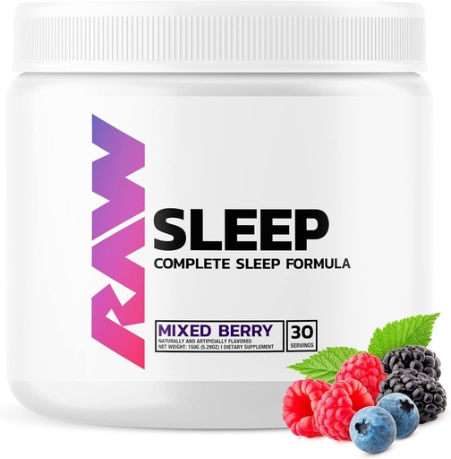 [BRSW2AI7BYIB4A3F] RAW Natural Sleep Aid Supplement - Relaxation Enhancer & Mood Support with Melatonin, Magnesium, Zinc, L-Tryptophan & Lemon Balm Extract to Relax & Calm The Mind & Body - 30 Servings, Mixed Berry