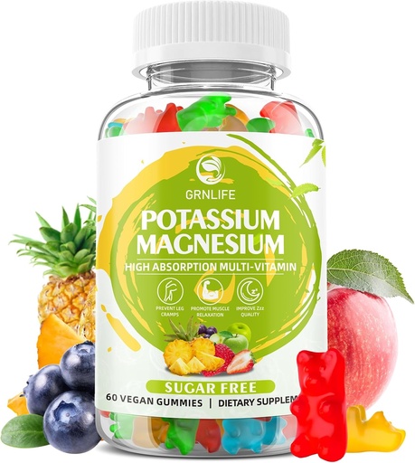 [BRSRAYY7OABQODLZ] Potassium Magnesium Supplement Gummies, Potassium Gummies for Adults Kids, High Absorption Magnesium Glycinate for Leg Cramps & Immune Health, Sugar-Free, Vegan Mixed Flavors, 60 Count