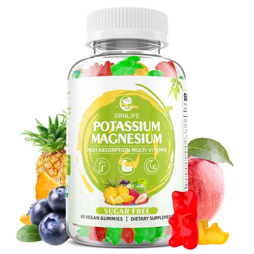 [BRSRAYY7OABQODLZ] Potassium Magnesium Supplement Gummies, Potassium Gummies for Adults Kids, High Absorption Magnesium Glycinate for Leg Cramps & Immune Health, Sugar-Free, Vegan Mixed Flavors, 60 Count