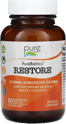 [BRSWIBIDCQOWO33I] PURE ESSENCE LABS Restore Probiotic Supplement 30 Billion CFU - Probiotics for Men & Women - 12 Strains for Immune Support and Digestive Health - Natural Support for Relief of Constipation (60 Caps)