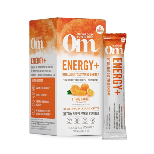 [BRSWIEITA54RGDLM] OM MUSHROOM SUPERFOOD Energy Plus Порошок для грибів, Citrus Orange, Single Serve, 10 Count, Грибна суміш, Кордицепси, Yerba Mate, Tumeric, Вітамін B Комплекс, Pre-Workout, Імунна добавка