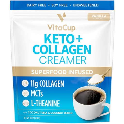 [BRSW2ZA5OYDWYALH] VitaCup Keto + Collagen Coffee Creamer Vanilla Flavor with MCT, Collagen Protein, Coconut Water, L-Theanine for Keto Diet, Use in Coffee, Smoothies, & Shakes, Dairy-Free, Gluten-Free, Soy-Free, 10oz