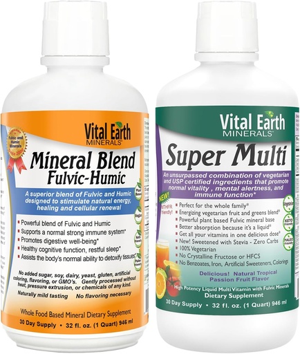 [BRSWKHYQCYBA2A35] Vital Earth Minerals Detox & Wellness Support – Fulvic Humic Mineral Blend with 70+ Trace Minerals + Super Multi, Liquid Multivitamins, MTHFR Support, 32 Oz Ea