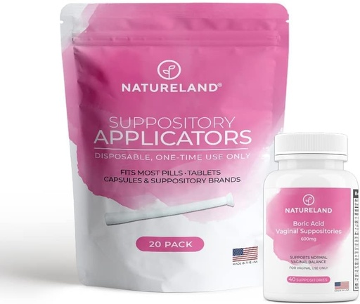 [BRSW2HT5AENA2C3Z] Natureland [40 Count Boric Acid Suppositories 600mg w/ [20 Pack] Vaginal Applicator - Feminine Care