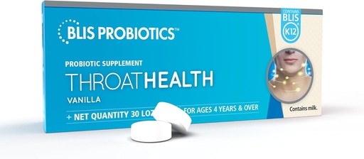 [BRSWGZIROUDWCET6] BLIS ThroatHealth Oral Probiotics K12 - Immune & Throat Support, Vanilla - 30 Lozenges, 2.5 Billion CFU