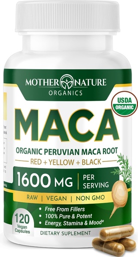 [BRSROFATCJ4BUCT3] Mother Nature Organic Maca Root Capsules – 1600mg, 120 Vegan Capsules – Non GMO Peruvian Yellow, Red & Black Maca for Men & Women - Energy, Hormone, Brain & Weight Well-Being