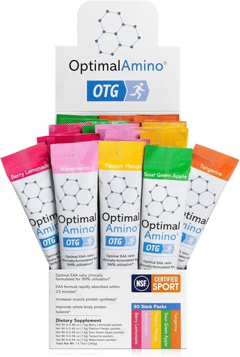 [BRSROCDYBYOQMYDZ] OptimalAmino OTG Stick Packs, 5 Maitse Sordikast (30 Count), 99% Kasutatud Essentsiaalse Aminohappe (EAA) täiendus, Suurendada lihaste taastumist, Vegan / Keto Pre / Post Treening, NSF Sertifitseeritud Sport