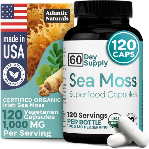 [BRSWYYYLA5YAA334] Atlantic Naturals Sea Moss kapsulak Moringa, Ashwagandha, Black Seed Oil, Ginger & Ginseng - Atlantic Sea Moss Supplements for Men and Women - Daily Energy & Wellness Blend - 120 Count
