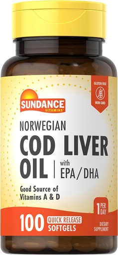 [BRSWKED2OMFRUGA3] Sundance Norwegian Cod Liver Oil | 100 Softgels | with EPA and DHA | Good Source of Vitamins A & D | Non-GMO and Gluten Free Supplement