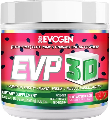[BRSWYZAKAR4AGETK] Evogen EVP 3D - Estim Free Pre Workout Powder para Hombres &amp; Mujeres ← Sugar Free Non Stim Preworkout with Beta Alanine and Creatine for Energy &amp; Pump ← Sour Watermelon ← 40 Servings