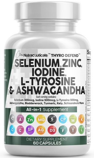 [BRSRMBT7ABYRUHT2] Clean Nutra Selenium 300mcg Iodine 500mcg Thyroid Support for Women & Men | L Tyrosine 500mg Ashwagandha Supplement Bladderwrack, Turmeric, Kelp, Schisandra Zinc Pills Capsule Supplements