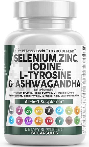 [BRSRMBT7ABYRUHT2] Clean Nutra Selenium 300mcg Iodine 500mcg Tiroid Support for Women &amp; Hombres Silencio L Tyrosine 500mg Ashwagandha Suplemento Bladderwrack, Turmeric, Kelp, Schisandra Zinc Pills Capsule Suplementos