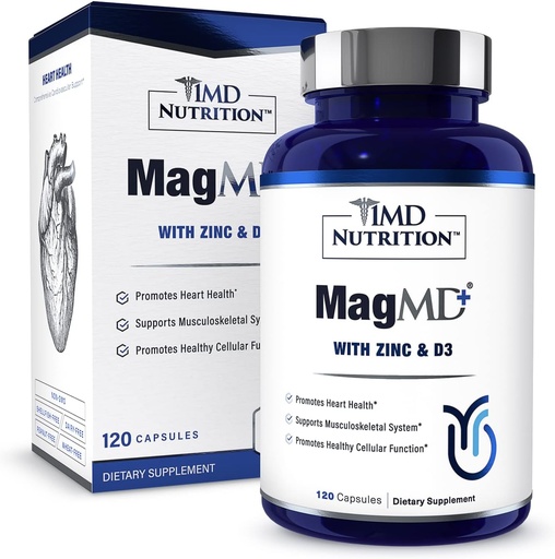 [BRSW2EIFDMDR63QY] 1MD Питание MagMD Plus - Магний с цинком и D3 | Содействует здоровью сердца, поддерживает силу костей и мышц и иммунную систему СПИДа - 120 Ct