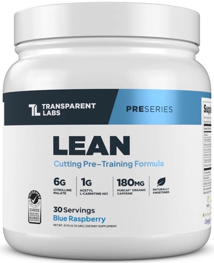 [BRSROZ34C4PA2AD3] Transparent Labs Lean Pre-Workout - Body Recomposition Pre Workout for Men and Women with Acetyl L-Carnitine, Beta Alanine Powder, & PurCaf Organic Caffeine Powder - 30 Servings, Blue Raspberry