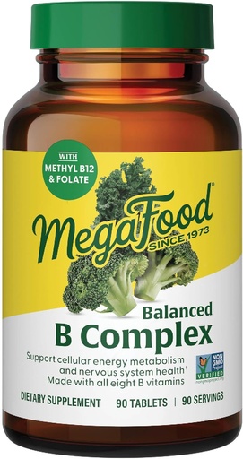 [BRSWIYTYO4OQK3DM] MegaFood Balanced B Complex - B Complex Vitamiini Supplement, 8 B-vitamiini mukaan lukien B6-vitamiinia, B12-vitamiinia, Folaattia, Biotiiniä & enemmän, Tukee Cellular Energy Production, Vegaania, Gluteeniton - 90 tablettia
