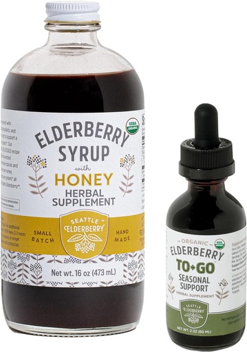 [BRSROAIZAR7GEEL7] Herbal Supplement Starter Set – A 16oz Bottle of Elderberry Syrup with Honey & a 2oz Bottle of Elderberry to-Go Seasonal Support Made from Only Organic Ingredients in The USA