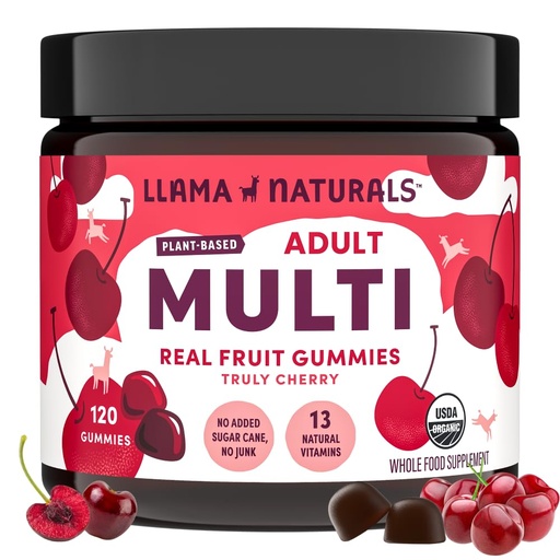 [BRSWGAQLPN6RMAY7] Llama Naturals Multivitamin for Women and Men, Vegan, Organic Gummies with Vitamin D, C and K, Adults Real Fruit Gummy Vitamins, Chewable Multivitamin Supplement, No Added Sugar Cane, Cherry, 120 Ct