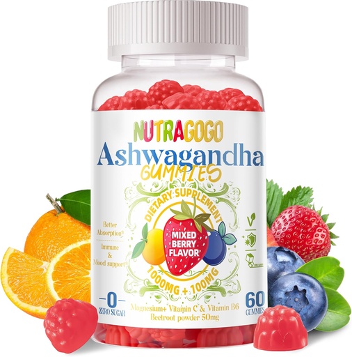 [BRSRAAQYBYFR6FI2] Ashwagandha Gummys & Vitamin D3 Gummys 60 Counter - 改善睡眠、压力救济和Mood Calm的有机Aswangdha补充剂(混合莓、Vegan、植物基、无糖和无胶类)-1包装