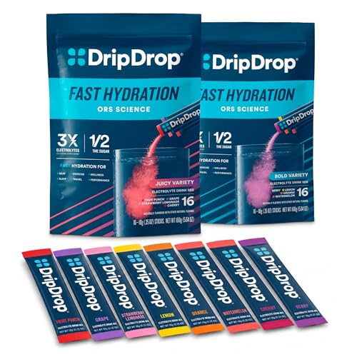 [BRSRMEDRPJ6BS2T5] DripDrop Hydration - Electrolyte Powder Packets - Watermelon, Berry, Lemon, Orange, Fruit Punch, Grape, Strawberry Lemonade, Cherry - 32 Count