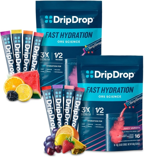 [BRSRMEDRPJ6BS2T5] DripDrop hydration - Electrolyte Powder Packets - Artemelon, Berry, Lemon, Orange, Fruit Punch, Grace, Strawberry Lemonade, Cherry - 32 Count