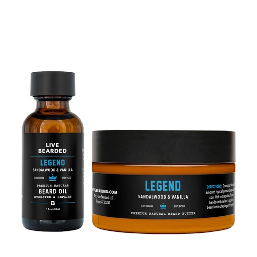 [BRSRAFALOR5AIDLD] Live Bearded Beard Oil and Butter Grooming Kit - Made in the USA - All-Natural Ingredients with Shea, Argan, Jojoba - Growth Support | Legend Scent - Sandalwood, Vanilla