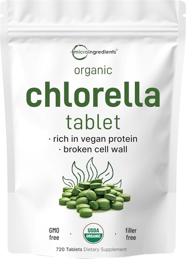 [BRSWKFAECQHRGYI3] Comprimés de Chlorella biologique, 500mg par comprimé, 720 onglets (360 Grams), 4 mois d'approvisionnement, Mur de cellules brisées, riche en protéines et vitamines véganes, sans remplissage, sans additifs et non-OGM