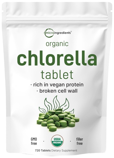 [BRSWKFAECQHRGYI3] Organic Chlorella Tablets, 500mg Per Tablet, 720 Tabs (360 Grams), 4 Months Supply, Broken Cell Wall, Rich in Vegan Protein & Vitamins, No Filler, No Additives & Non-GMO | Pure Green Algae Superfood
