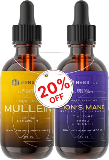 [BRSROZQ7AEGW2G3B] Bundle - Mullein Leaf Extract & Lions Mane Mushroom Supplement - Respiratory Support & Brain Support