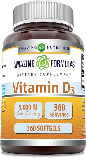 [BRSWKZLQCUAGKHQ7] Amazing Formulas D3 vitamīns (holekalciferols) Papildinājums - 5000 SV uz vienu Servējumu - 360 Softgels -- Non-GMO --Free Gluten -Free Izgatavots ASV