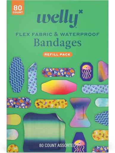 [BRSROFA2DECBQDL7] Welly Bandage Family Pack | Adhesive Flexible Fabric & Waterproof Bandages | Assorted Shapes and Patterns for Minor Cuts, Scrapes, and Wounds - 80 Count