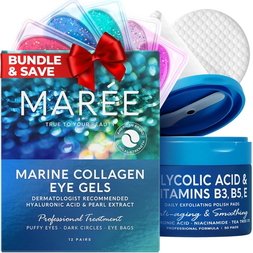 [BRSROAYCAF6AKYLJ] MAREE Skincare Bundle - Eye Gels, Facial Polish - Under Eye Gels for Puffy Eyes & Dark Circles - Glycolic Acid Peel Pads - Marine Collagen & Hyaluronic Acid - Salicylic Acid & Vitamins E, B3, B5
