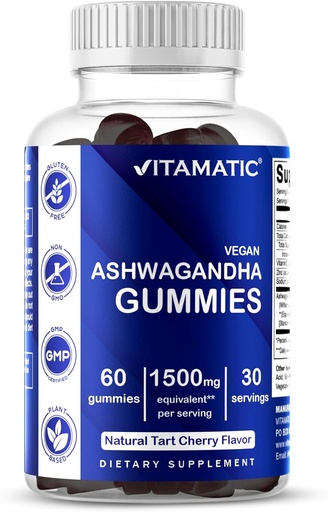 [BRSW22T3AQFBYHTO] Vitamatic Ashwagandha Gummies 1500 mg Equivalent Per Serving (from 30:1 Extract 50 mg) - 60 Vegan Gummies - 3% Withanolides