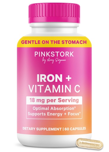 [BRSWYZQCDNYAG23B] Pink Stork Iron for Women | 18 mg Chelated Iron Bisglycinate + Vitamin C | Supports Energy, Focus + Oxygen | Pregnancy, Postpartum, PMS + Perimenopause | 60 Capsules, 2-Month Supply
