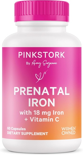 [BRSWYZQCDNYAG23B] Pink Stork prenatálne železo doplnok pre ženy - 18 mg nekonstipujúce železo a vitamín C pre tehotenstvo, popôrodné, a dojčenie - zameranie, únava, a krvné bunky výroby - 2 mesiace dodávky