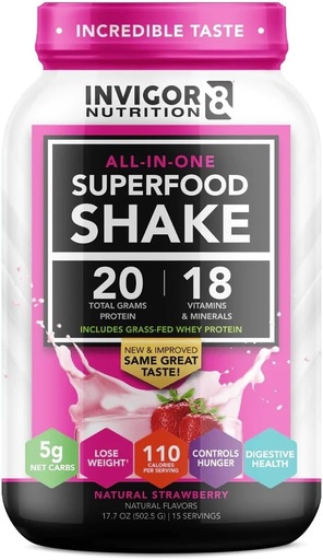 [BRSWGCYFOUJQ4DLB] InVIGOR8 Superfood Grass פדו חלבון Whey, Isolate Shake Natural Strawberry Gluten-Free ו- non GMO Meal החלפת עם Probiotics ו אומגה 3 (645g)