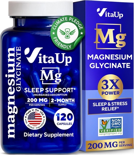 [BRSRMBQZC4MQOALA] Magnesium Glycinate 200mg - USA Made Magnesium Supplement for Sleep, Heart, Bones, Metabolism Support - High Absorption Magnesium Bisglycinate Capsules - 120 Vegan Chelated Capsules