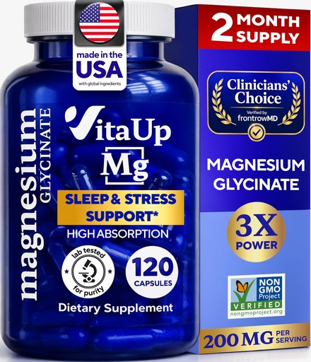 [BRSRMBQZC4MQOALA] VitaUp Magnesium Glycinate 200mg - USA Made, Highly Absorbed, Non-GMO Magnesium for Relaxation, Deep Sleep, Bones & Heart - 200mg per Serving, 120 Vegan Capsules
